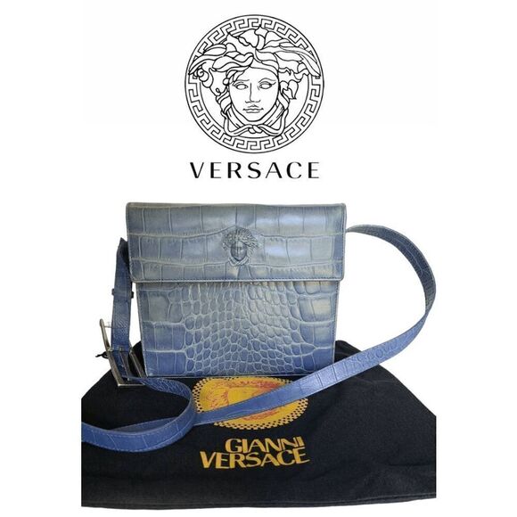Versace Blue Croc-Embossed Crossbody Bag - Picture 1 of 16